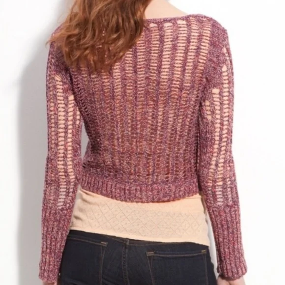 Free People Multicolored Open Knit Sweater Pull On Cropped Pink Red Purple Small - Picture 2 of 14